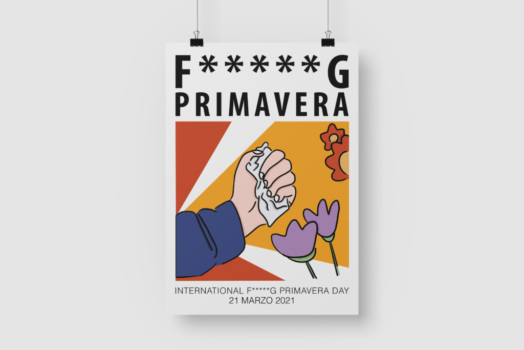 manifesto fucking primavera; illustrazione di una mano che stringe fazzoletto