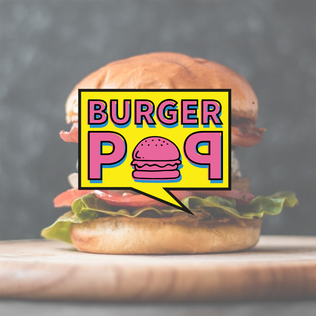 Burger pop logo :scritta burger pop maiuscola rosa e azzurra su sfondo giallo.