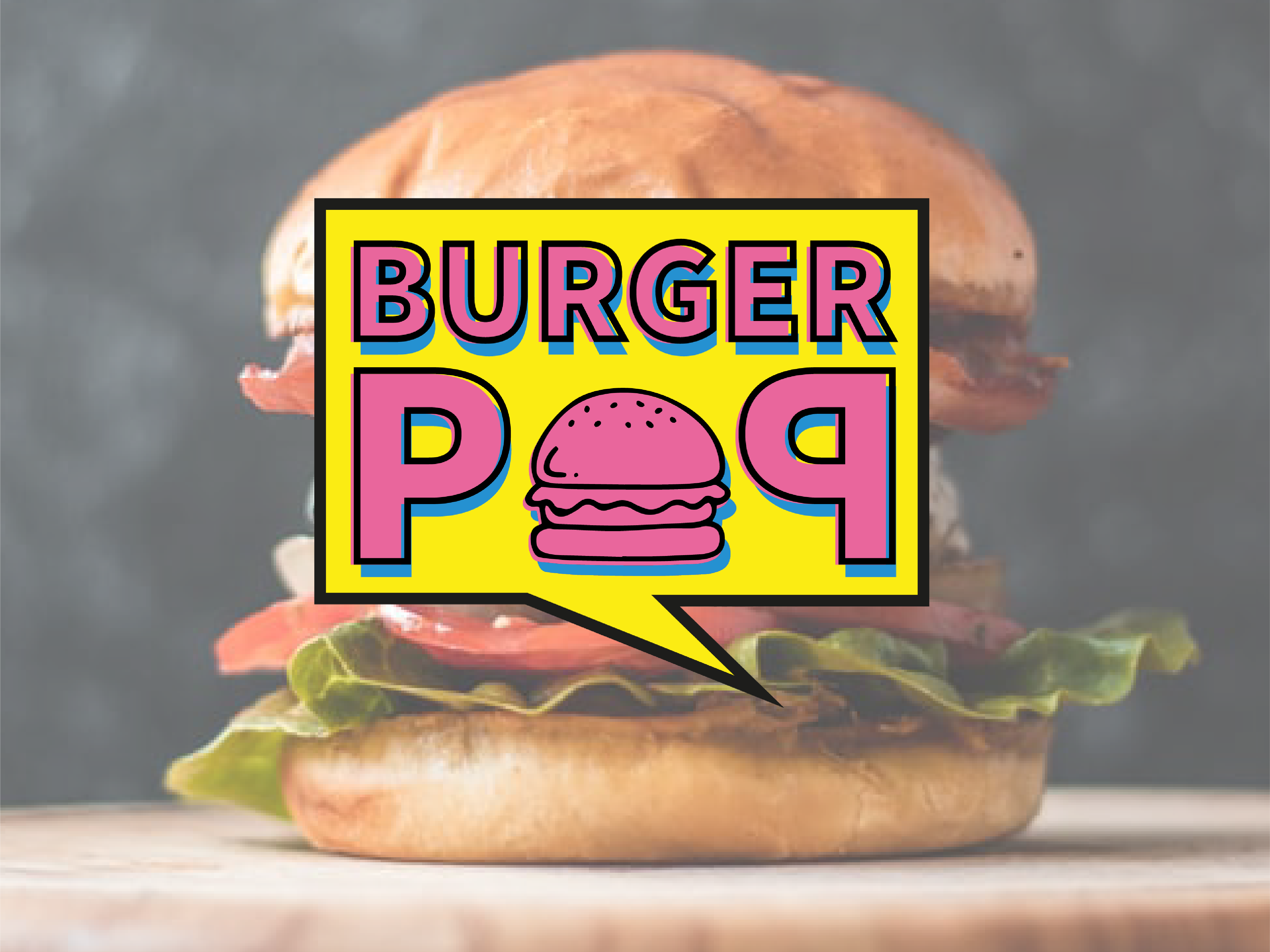 Burger pop logo :scritta burger pop maiuscola rosa e azzurra su sfondo giallo.