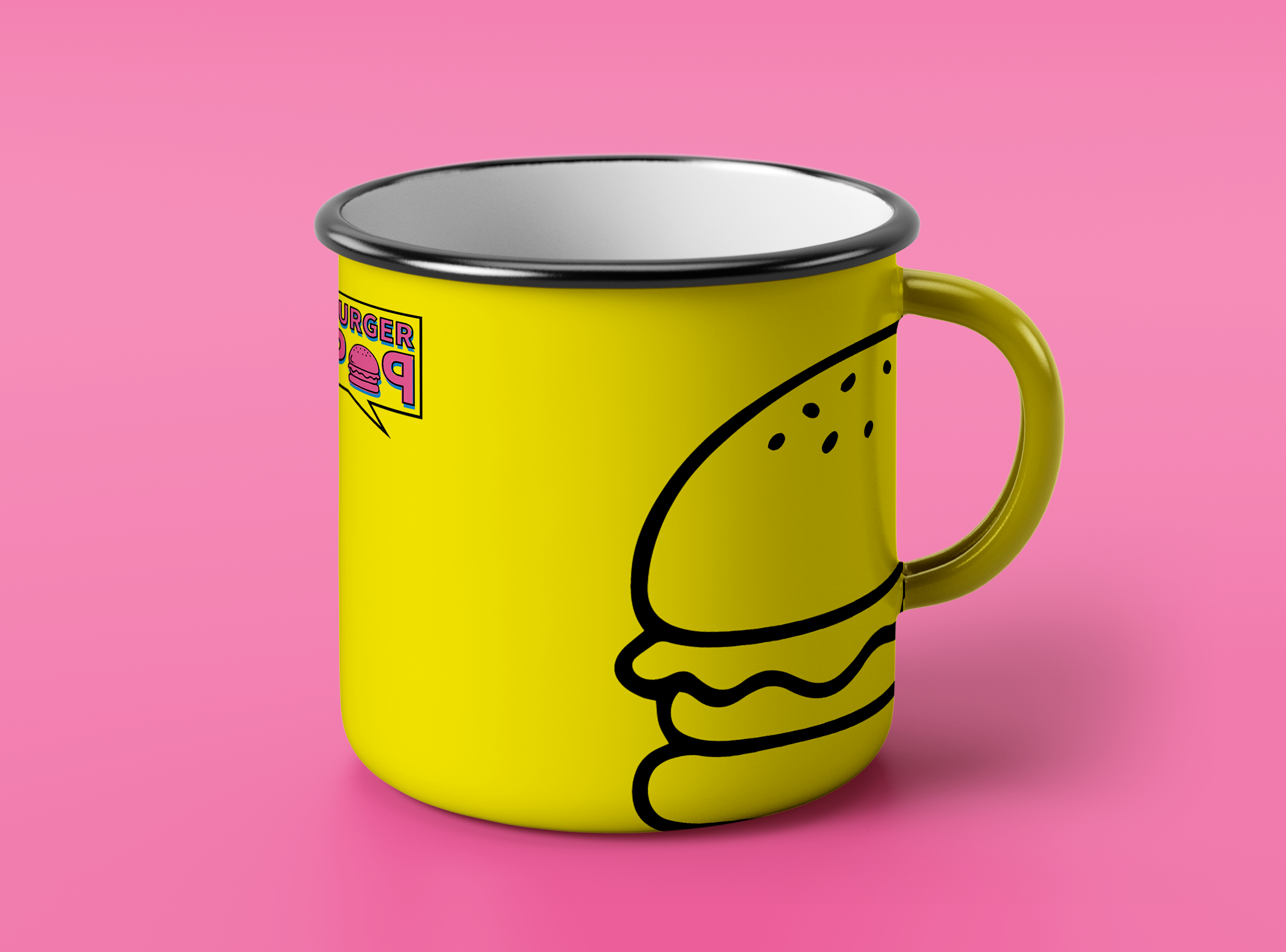 mockup tazza gialla su sfondo rosa con logo del progetto burger pop