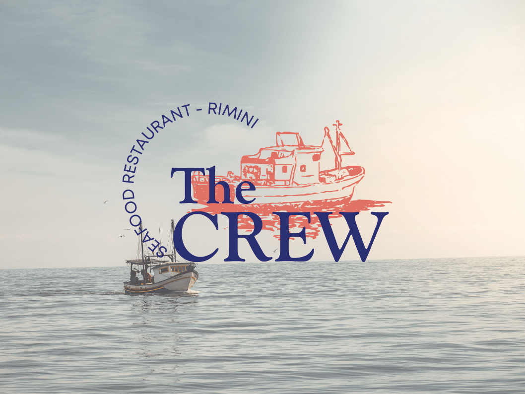 logo principale del progetto The Crew restaurant. Logo con lettering ed illustrazione peschereccio