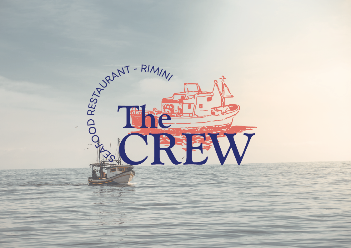 logo principale del progetto The Crew restaurant. Logo con lettering ed illustrazione peschereccio