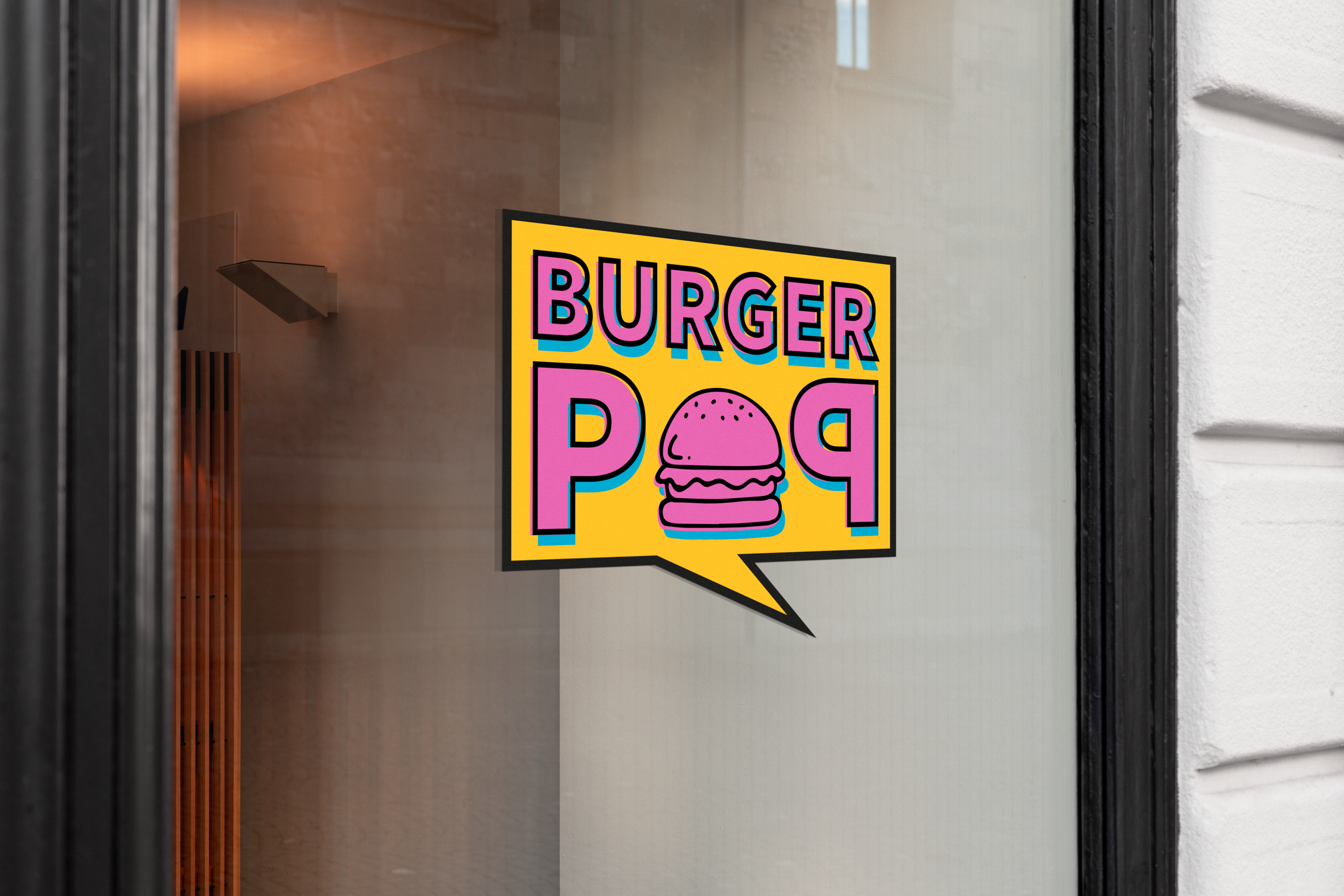 mockup vetrina con logo del progetto burger pop