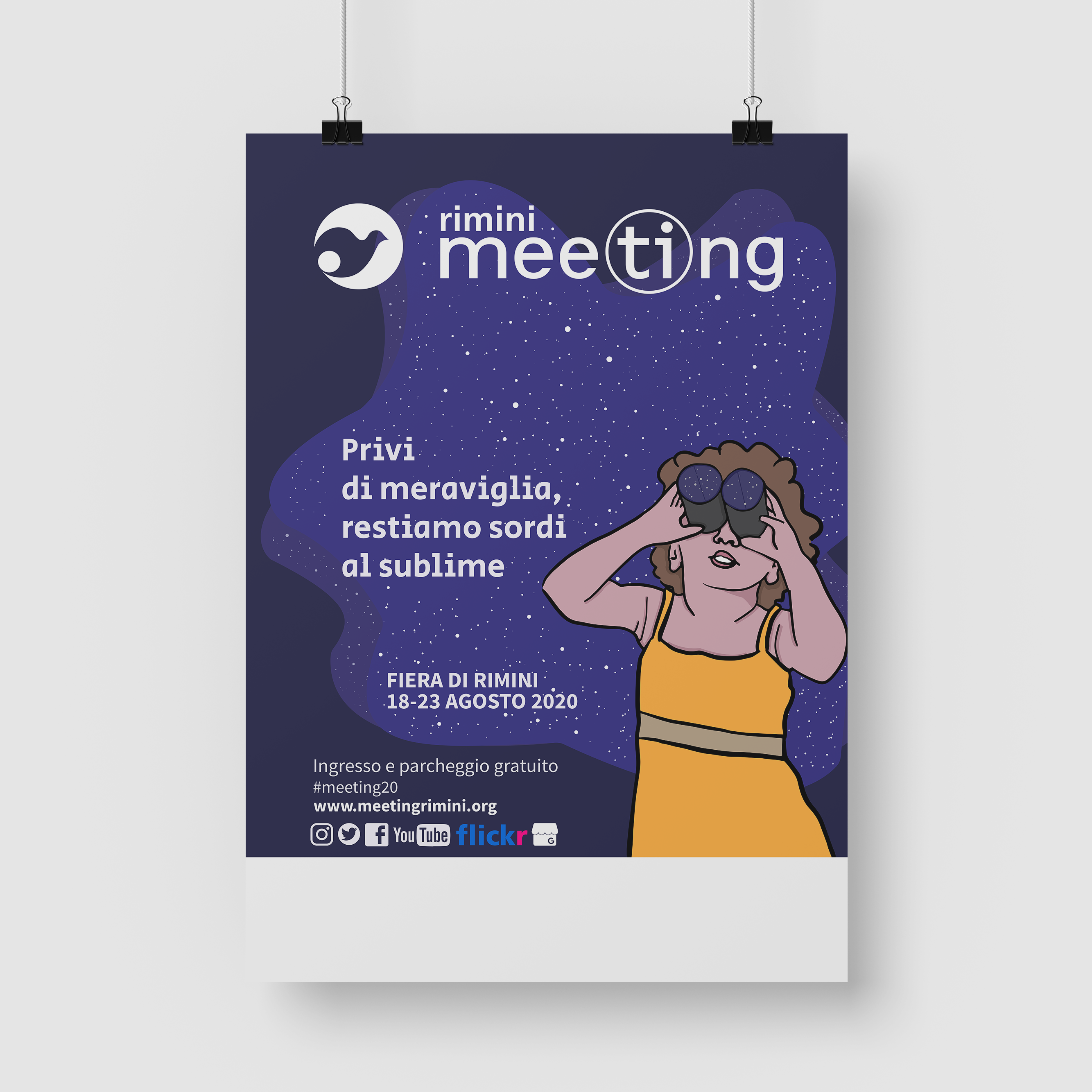 poster illustrato con una bambina che guarda le stelle con un binocolo fatto di cartoncino