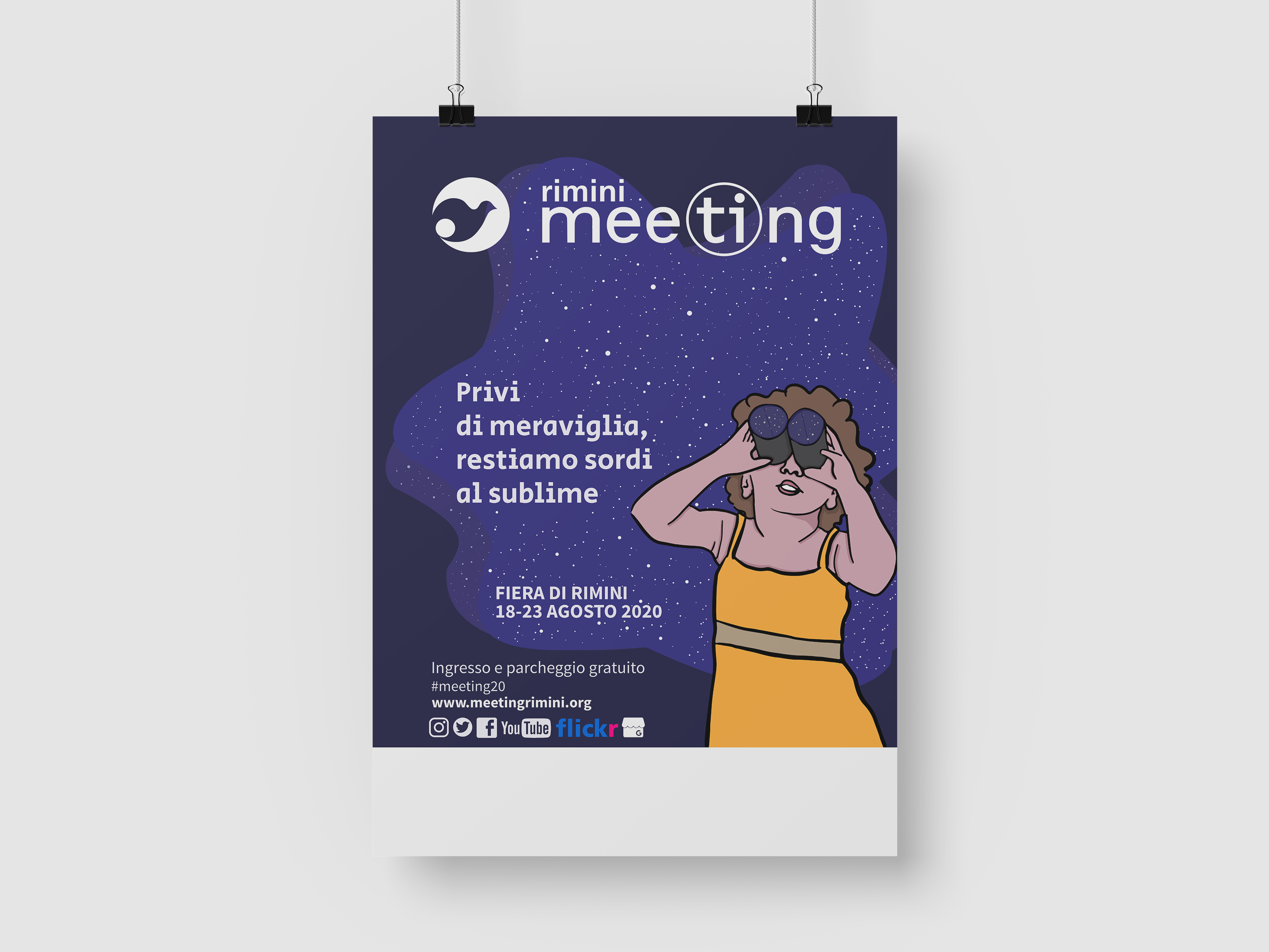poster illustrato con una bambina che guarda le stelle con un binocolo fatto di cartoncino