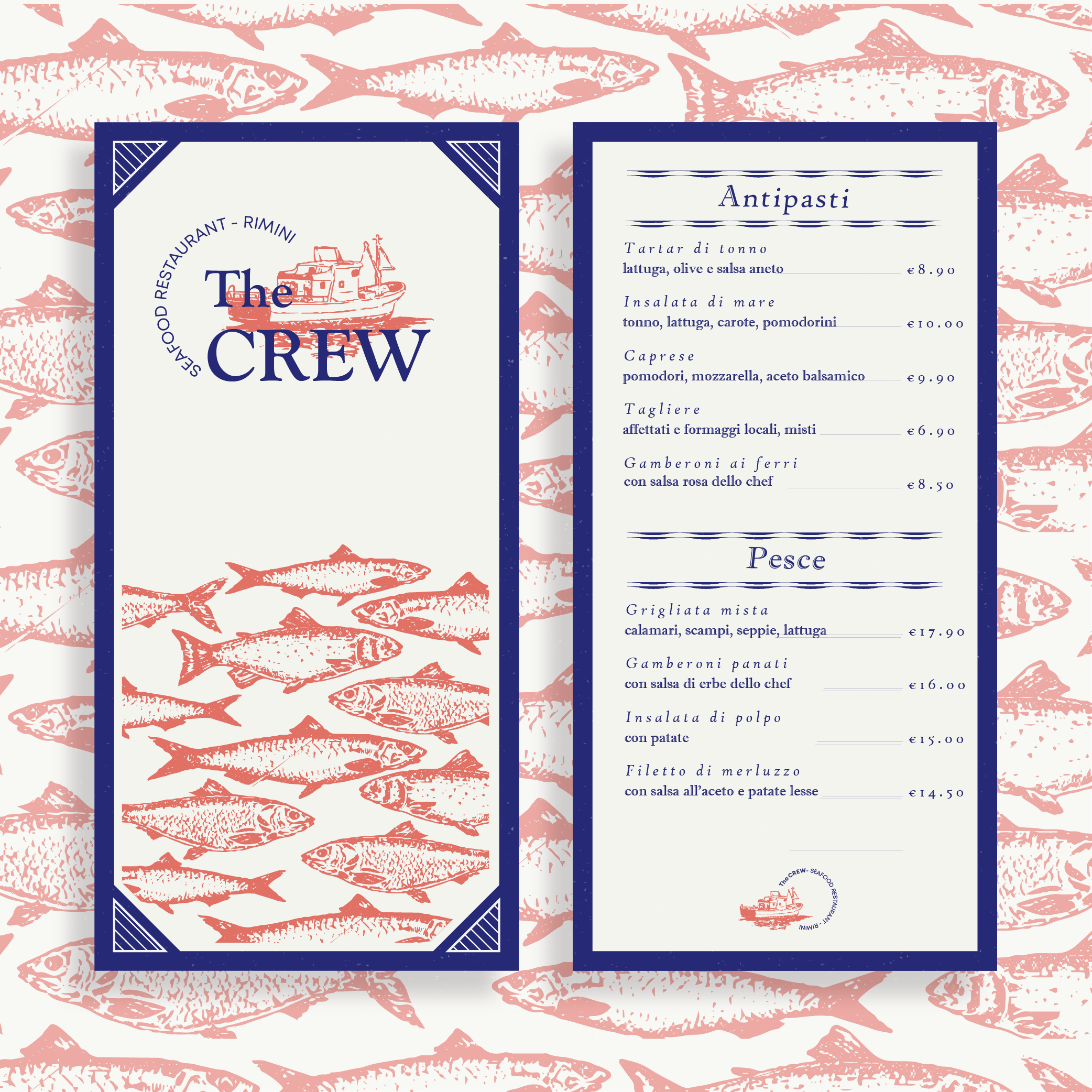 Menù del ristorante The crew. Colori predominanti blu e rosso