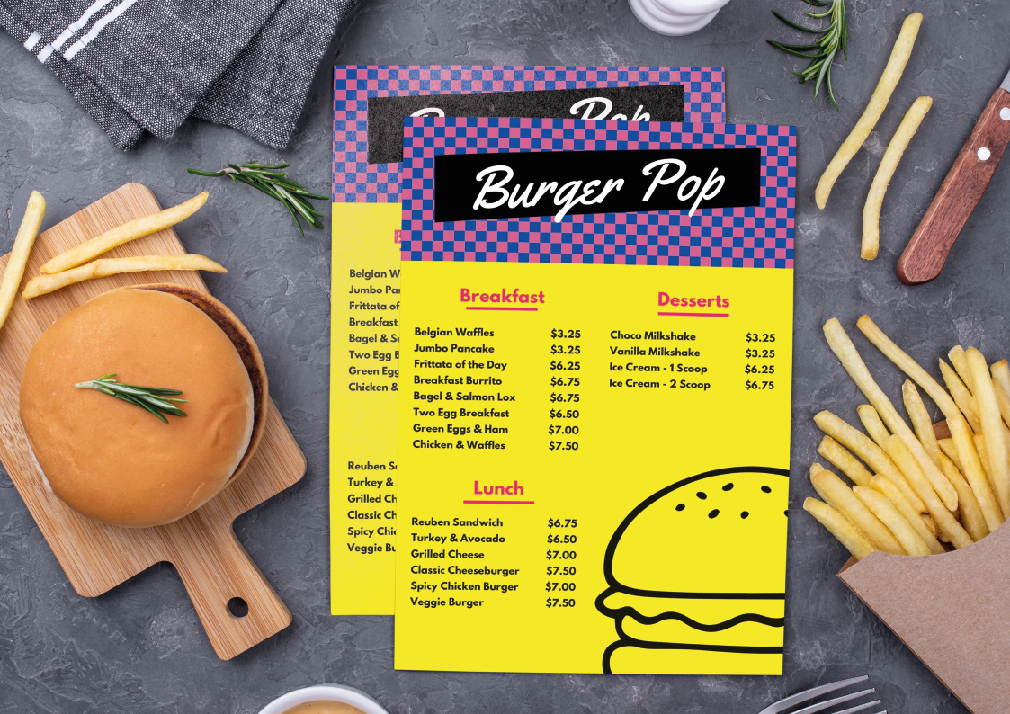 mockup del menù del progetto burger pop