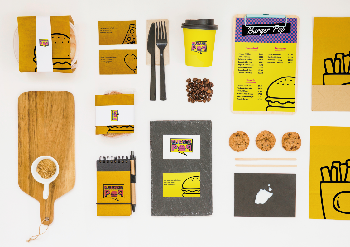 mockup di una tavola con hamburger e menù del progetto burger pop