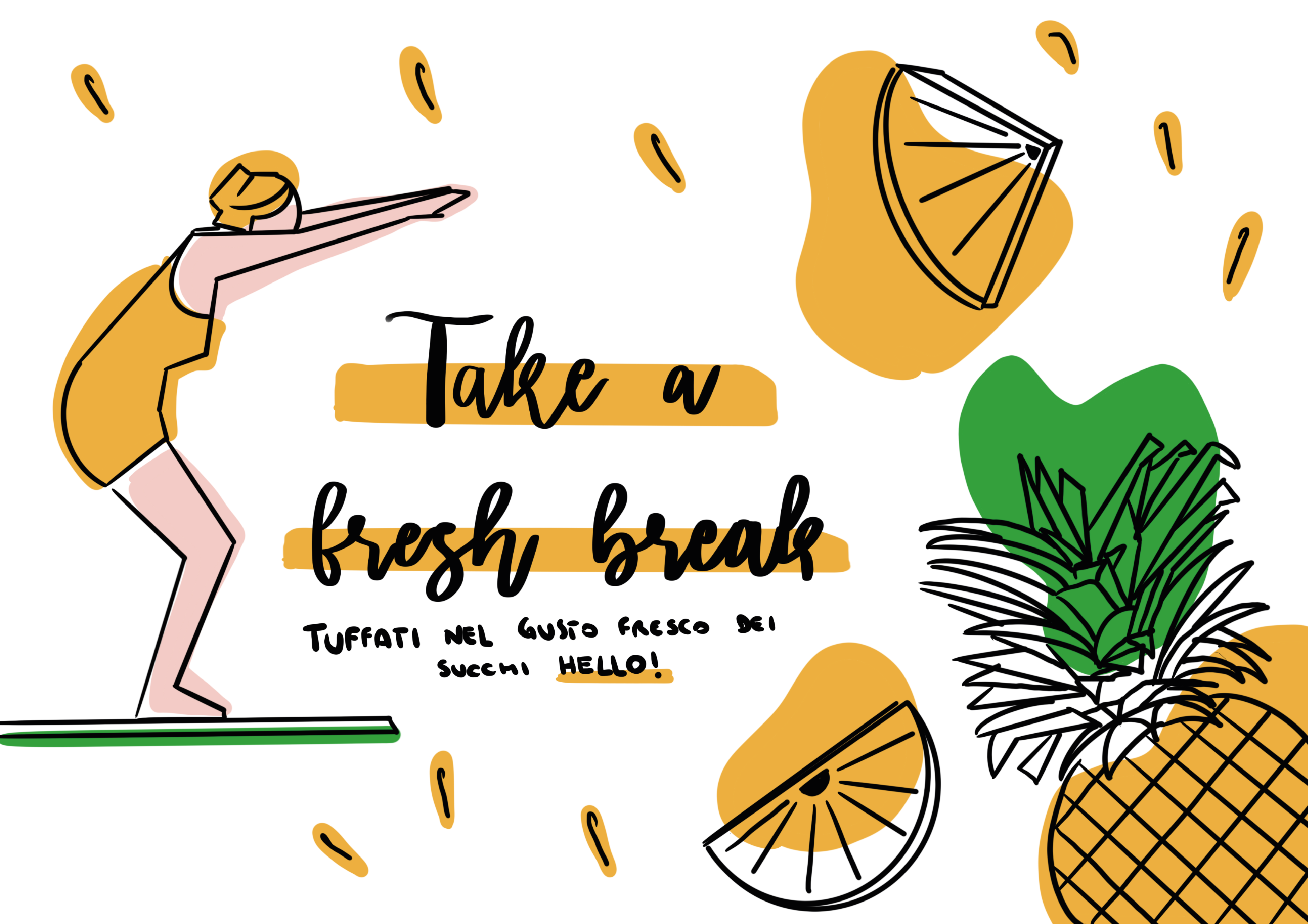 etichetta illustrata per il succo all'ananas, con tuffatrice e ananas disegnata
