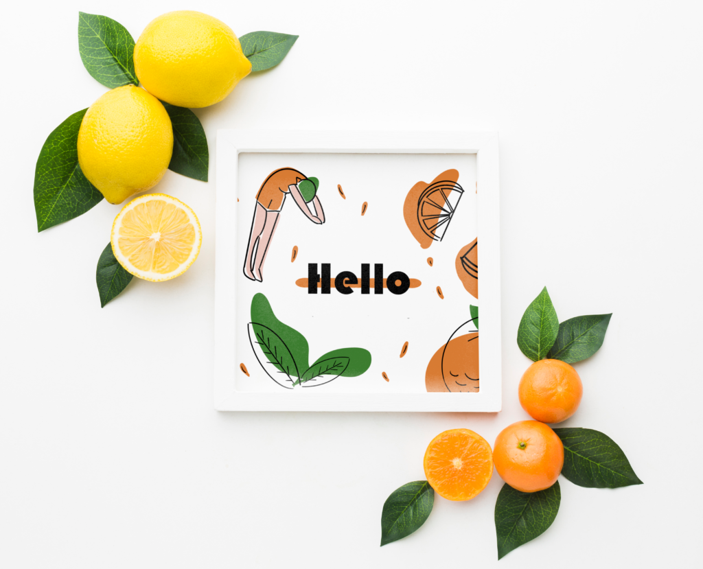 mockup di un quadro con raffigurata la parola Hello e un illustrazione di una ragazza che si tuffa
