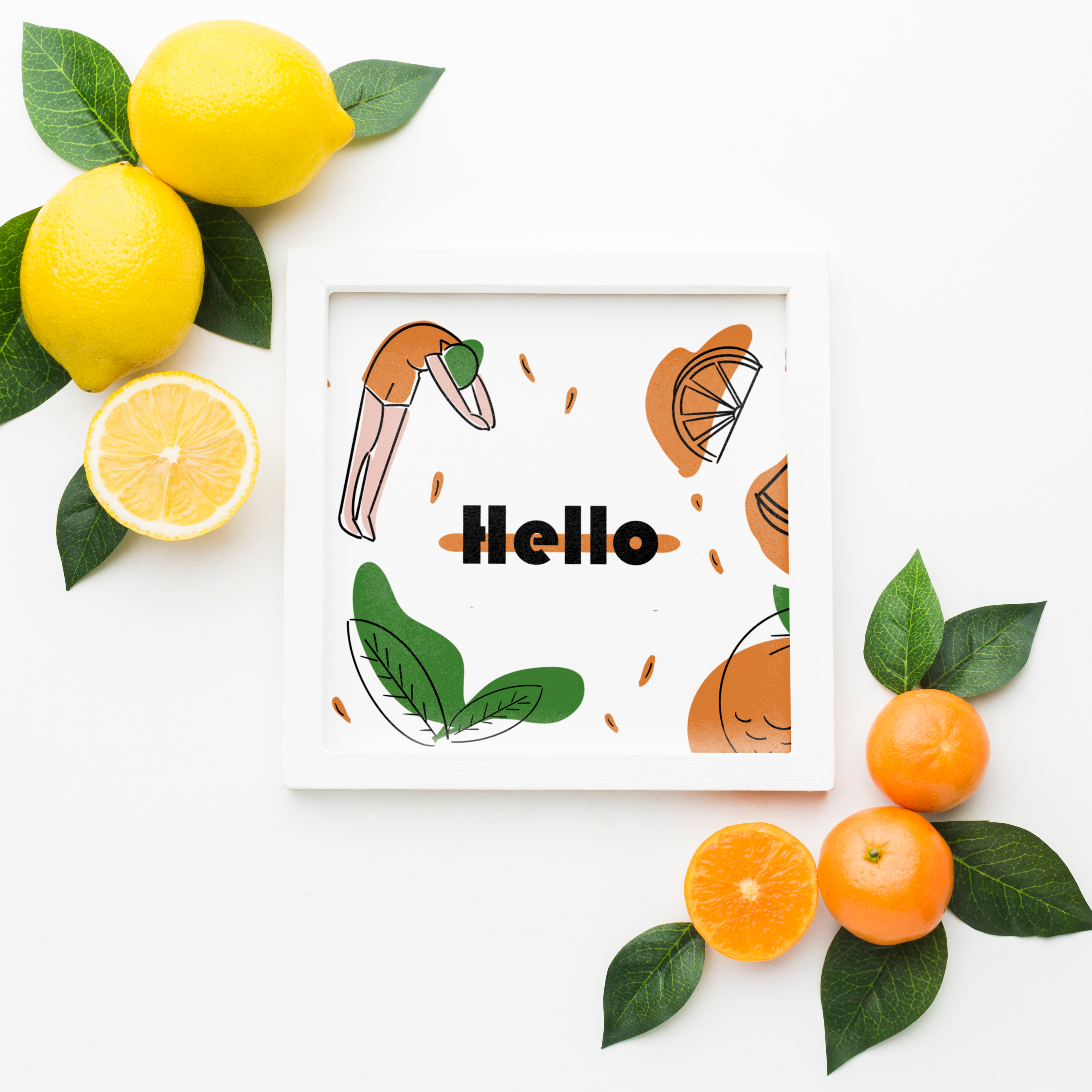 mockup di un quadro con raffigurata la parola Hello e un illustrazione di una ragazza che si tuffa