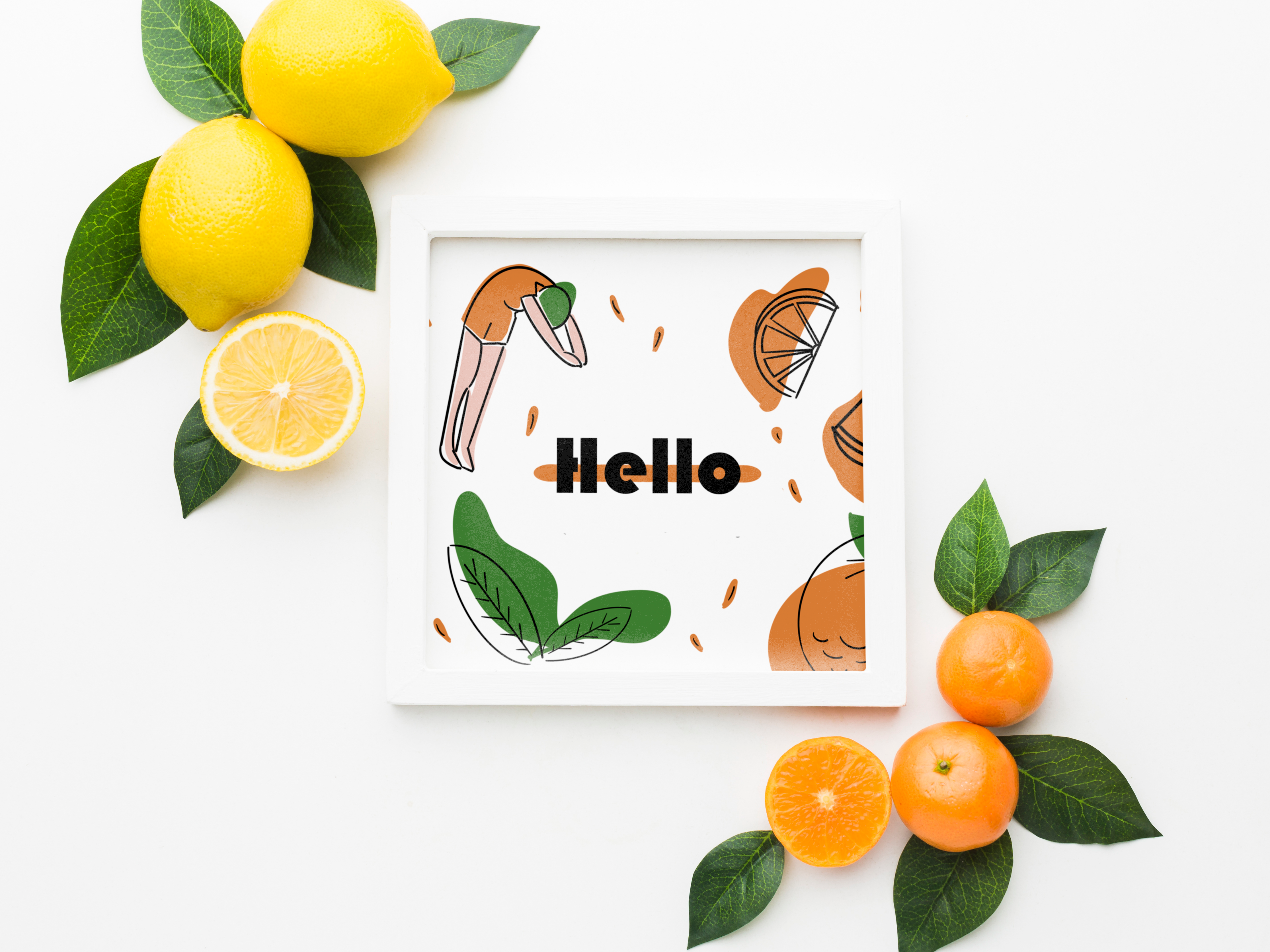 mockup di un quadro con raffigurata la parola Hello e un illustrazione di una ragazza che si tuffa