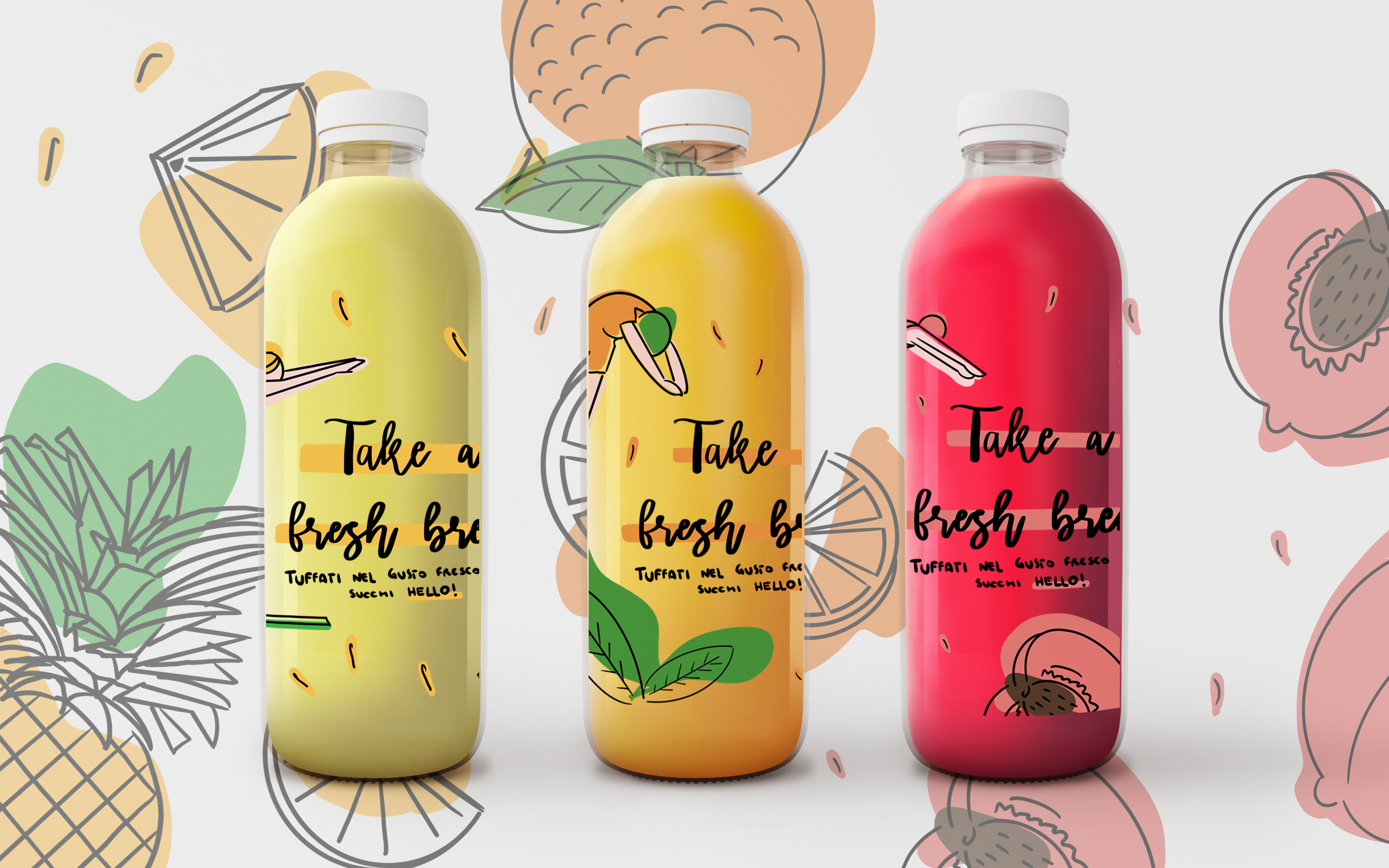 Hello succhi di frutta PACKAGING. tre bottiglie con etichette personalizzate su sfondo illustrato